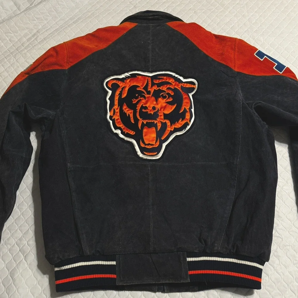NFL Chicago Bears Mens Sz L Suede Bomber Jacket SUPERBOWL Vtg 90s Patch Blue - Picture 3 of 14